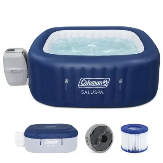 Coleman SaluSpa Atlantis AirJet 4 to 6 Person Inflatable Hot Tub Square Portable Outdoor Spa with 140 Soothing Jets with Cover, Blue image {6}