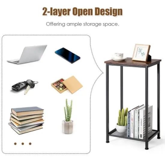 Costway 2-Tier Industrial Side End Accent Telephone Table w/Mesh Shelf Rustic Brown image {6}