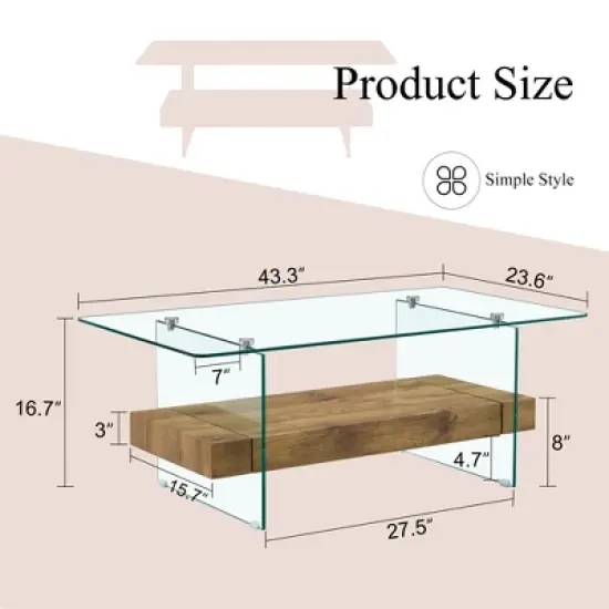 INFURNIC Patio End Tables Modern Rectangular Dining Table, Glass Table Top, Suitable for Small Space, Apartment, Studio,  Brown, 43.3"*23.6"*16.7" image {5}