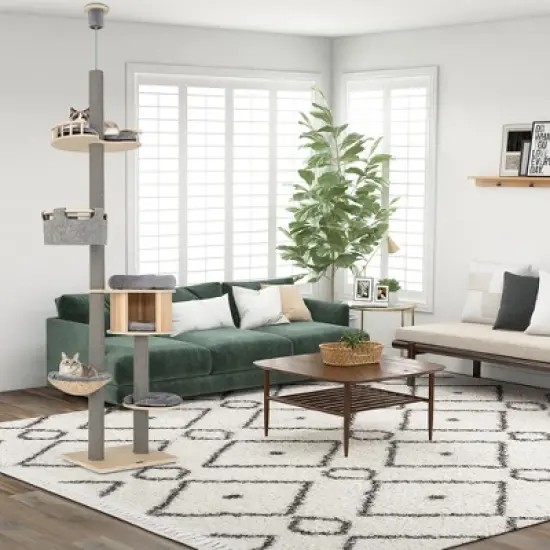 Tangkula 6-tier Floor-to-Ceiling Cat Tree w/ Cat Condo Hammock Scratching Posts Platform image {1}