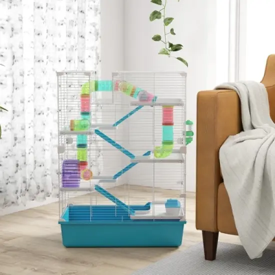 PawHut 32" Hamster Cage, 6 Tier Small Animal Cage with Tubes and Tunnels, Hut, Wheel, Food Dish, Water Bottle, Ramps, for Dwarf & Gerbil, Light Blue image {4}