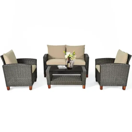 Tangkula 4PCS Cushioned Rattan Conversation Set w/ Coffee Table Patio Outdoor image {10}