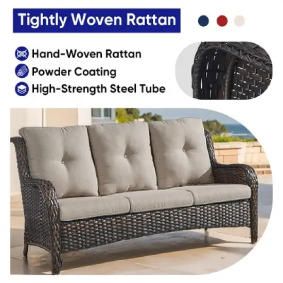 POCASSY 5-Piece Patio Furniture Set with Fire Pit Table, Brown Wicker Outdoor Fire Pit Set With Patio Sectional Sofa, Swivel Chair, Rattan Footrest image {2}