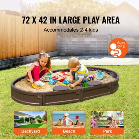 VEVOR Sandbox with Cover, 72 x 41.5 x 9.1 in Oval Sand Box, HDPE Sand Pit with 4 Corner Seating and Bottom Liner, for Boys Girls Ages 3-12, Brown image {2}