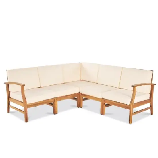 GDFStudio Abena Outdoor Acacia Wood 5 Seater Sectional Sofa Set with Cushions image {12}