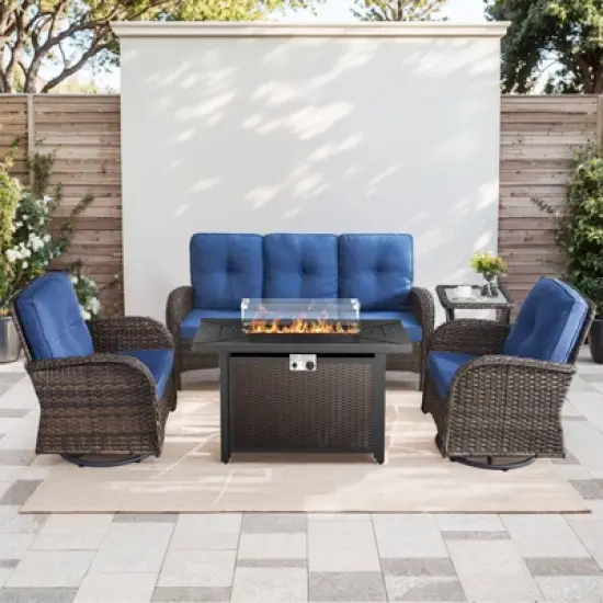 Buenhomino 5PCS Outdoor Patio Furniture Set with Fire Pit,Wicker Patio Conversation Sets with 43" Propane Fire Pit Table,Swivel Rocking Chairs image {14}