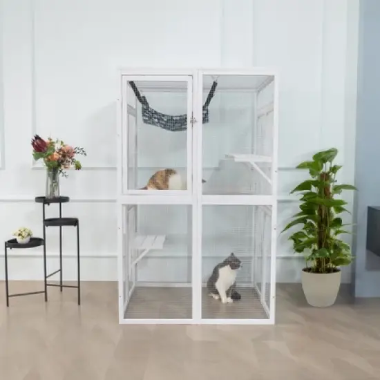 DOMETOUR Wooden Cat Catio Outdoor Cat Enclosure Cat House with Platforms, Sunshine Board, Hammock, Door, Kitten Cage image {15}