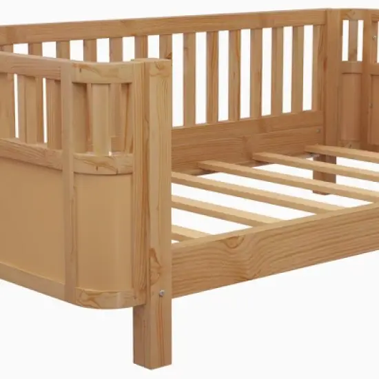 Twin/Full Wood Platform Bed Daybed with Safety Rails, Sofa Bed Low Profile Toddler Bed Frame - ModernLuxe image {8}