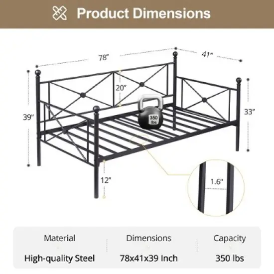 VECELO Metal Daybed with Headboard Heavy-duty Slats Support Sofa Bed Platform Mattress Foundation, Easy Assembly image {11}