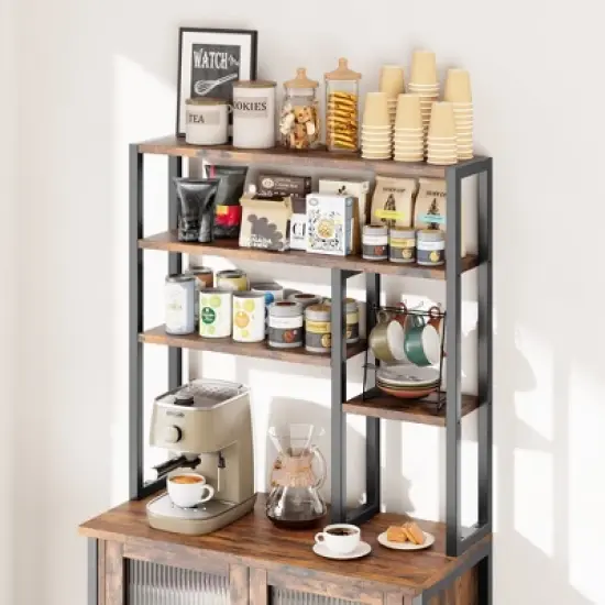 64.5" Kitchen Bakers Rack with Storage Cabinet, 5-Tier Microwave Stand with Fluted Glass Doors, Freestanding Industrial Coffee Bar Station, Retro image {2}