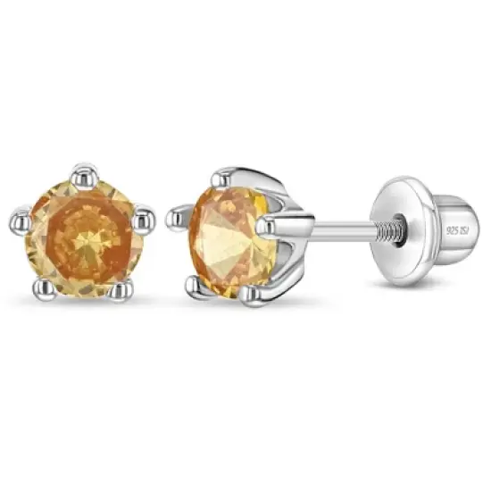 Girl's Classic CZ Birthstone Solitaire Screw Back Sterling Silver Earrings - In Season Jewelry image {11}