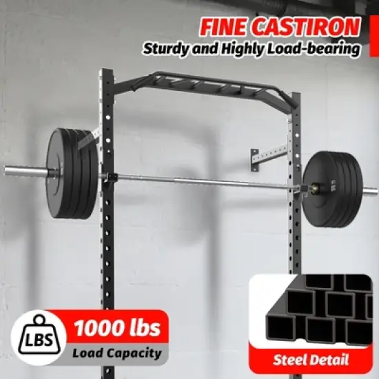 Wall Mounted Power Rack, 1600LB Commercial Squat Rack for Home Gym with Multi-Grip Pull Up Bar, J-Cups & Landmine Attachment for Home and Garage Gym image {5}