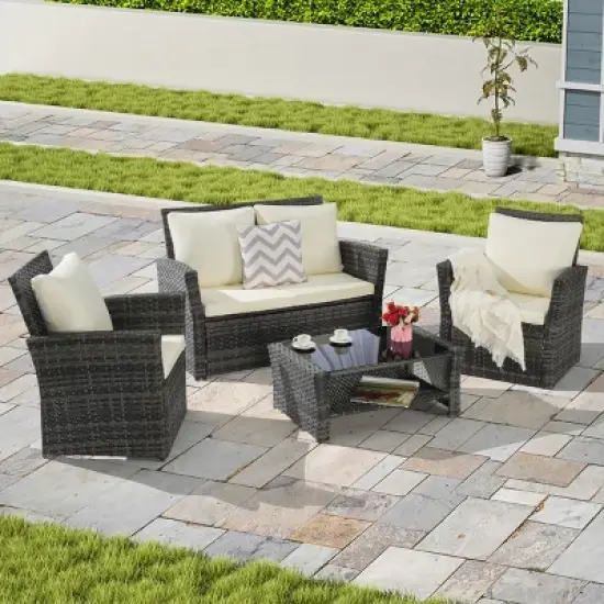 4 Piece Outdoor Wicker Patio Furniture Sets,Rattan Garden Furniture Sofa Set,Poolside Sofas with Cushions and Glass Coffee Table-Coolbibila image {7}