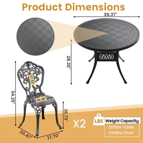 3-Piece Patio Set: Round Table & 2 Chairs - Cast Aluminum, All-Weather & Adjustable Legs for Balcony/Backyard image {3}