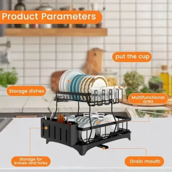 DOMETOUR 2 Tier Dish Drying Rack for Kitchen Counter, Black Metal Dish Drainer with Drainage System, Large Capacity, Space Saving & Rust-Resistant image {7}
