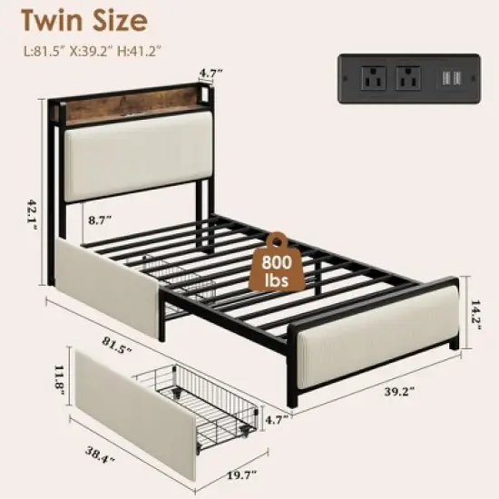 Bed Frame with 2 Storage Drawers and Charging Station, Rustic Velvet Upholstered Platform Bedframe with Storage Headboard, No Box Spring Needed image {1}