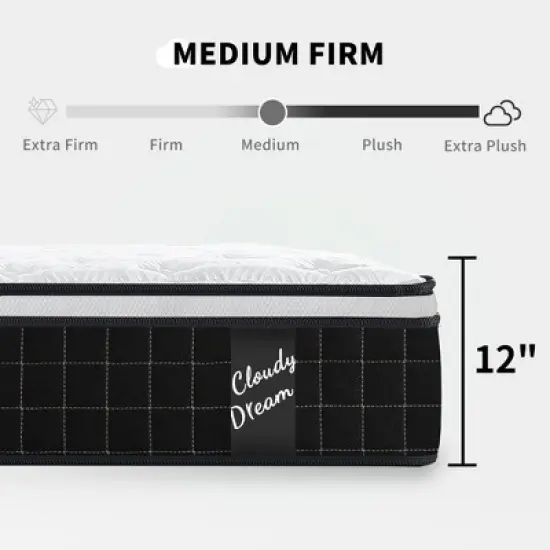 Dolonm 12 Inch Hybrid Mattress, Individual Pocket Spring, Memory Foam, Cool Knitted Cover, CertiPUR-US, Black image {3}