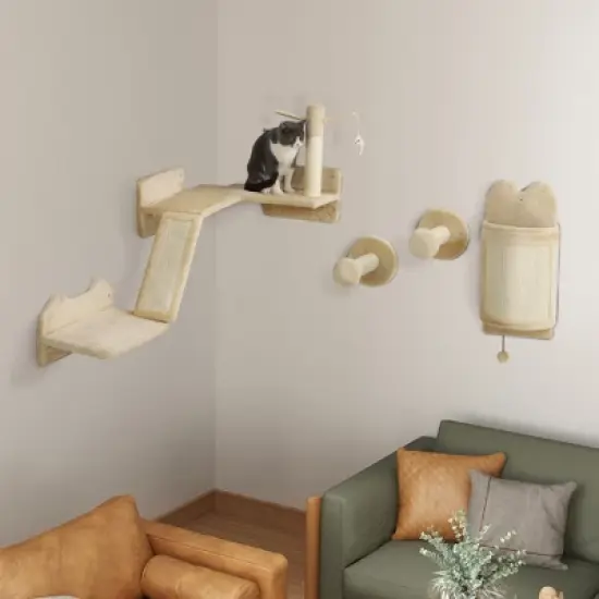 PawHut Cat Wall Shelves, 4pc Corner Design Cat Wall Furniture with Scratching Post, Scratching Board, Perches, Cat Wands & Toy Ball, Beige image {2}