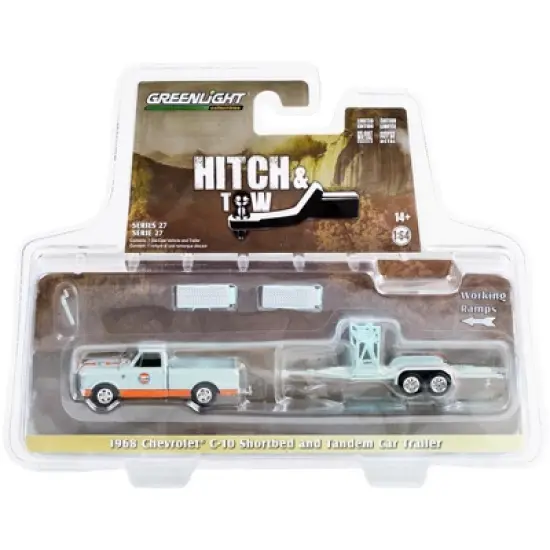 1968 Chevrolet C-10 Shortbed Truck Light Blue and Orange and Tandem Car Trailer "Gulf Oil" 1/64 Diecast Model Car by Greenlight image {2}