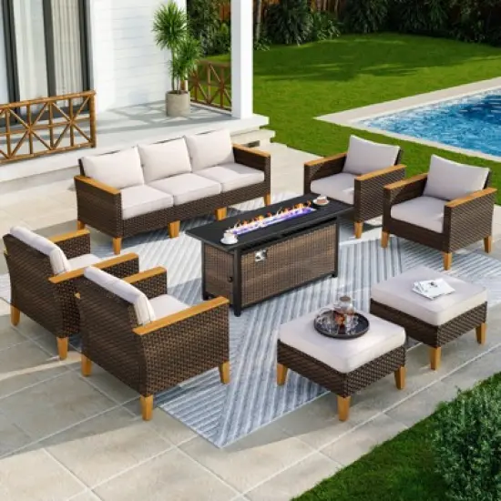 Captiva Designs 10pc Wicker Outdoor Patio Rattan Sectional Conversation Set with Fire Pit Table and Cushioned Ottoman image {13}