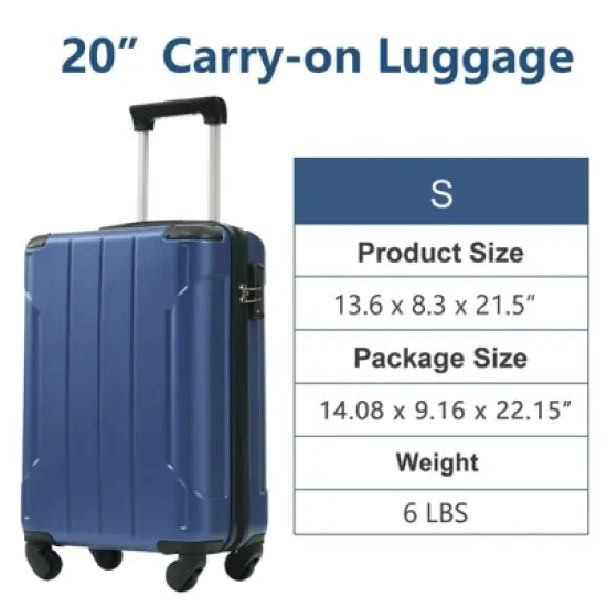 20-Inch Blue Hardshell ABS Luggage with Double Spinner Wheels and TSA Lock Travel Carry-On Luggage image {4}