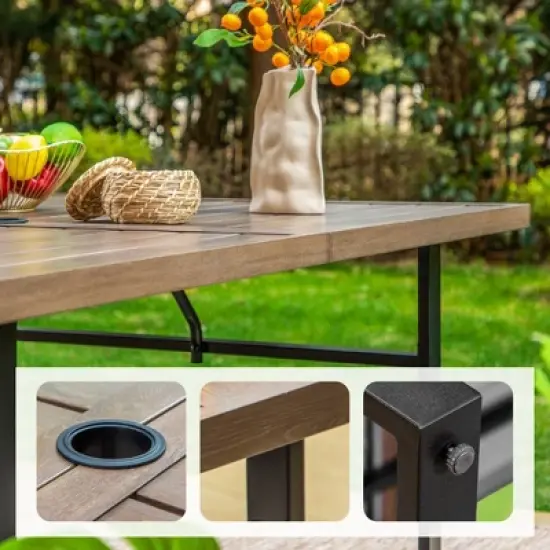 7pc Patio Dining Set with Rectangular Faux Wood Table with Umbrella Hole & Folding Reclining Chairs - Captiva Designs image {3}