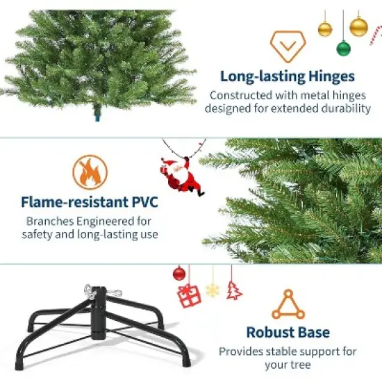 4.5/6/7.5/9FT Pre-Lit Artificial Spruce Christmas Tree with 200 Lights, 11 Modes, Hinged Branches, Foot Switch, Thick Tips, Green, Metal Stand image {2}
