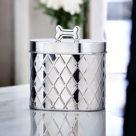 Amici Pet Chance Diamond Metal Canister - 52 Oz Stainless Steel Food Safe Storage with Silver Bone Handle Lid, Decorative Container - (6" H x 4.5" W) image {2}