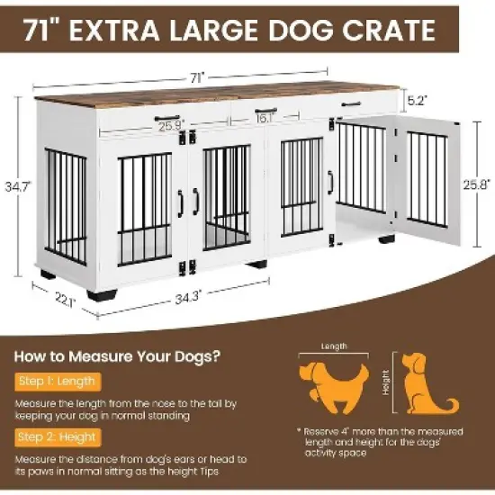 Nasitip 71'' Dog Crate Furniture for 2 Dogs, Wooden Double Dog Crate with 3 Drawers and Removable Room Divider for Large Medium Dogs image {2}