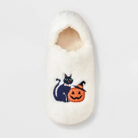 Women's Black Cat and Pumpkin Embroidered Halloween Faux Fur Slipper Socks with Grippers - Hyde and EEK Boutique&trade; Ivory/Black/Orange image {2}