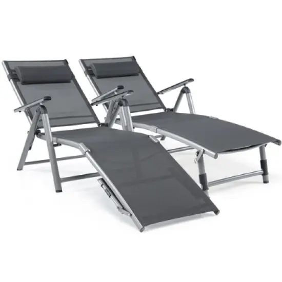 Tangkula 2PCS Patio Lounge Chair Rustproof Aluminum Folding Chaise w/ Adjustable Backrest & Footrest image {9}