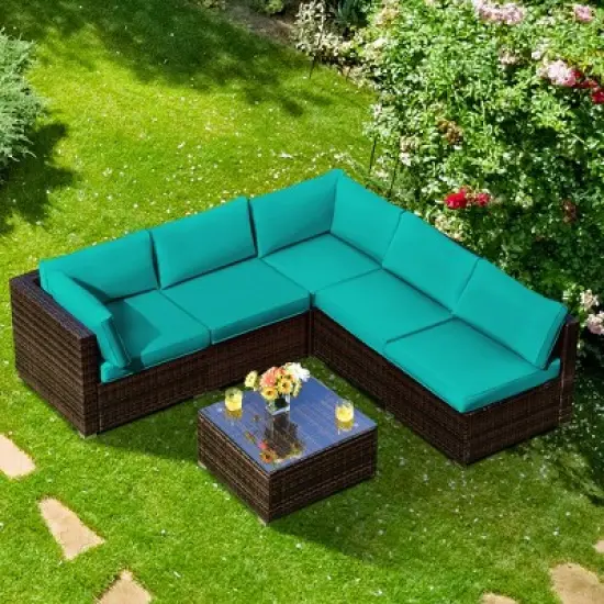 Costway 6PCS Patio Rattan Furniture Set Cushioned Sofa Coffee Table Garden image {14}