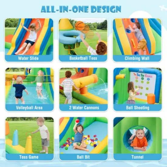 Tangkula Inflatable Water Slide 9-in-1 Blow-up Water Park for Kids with Splash Pool Climbing Wall Water Guns Basketball Toss with 735W Blower image {3}