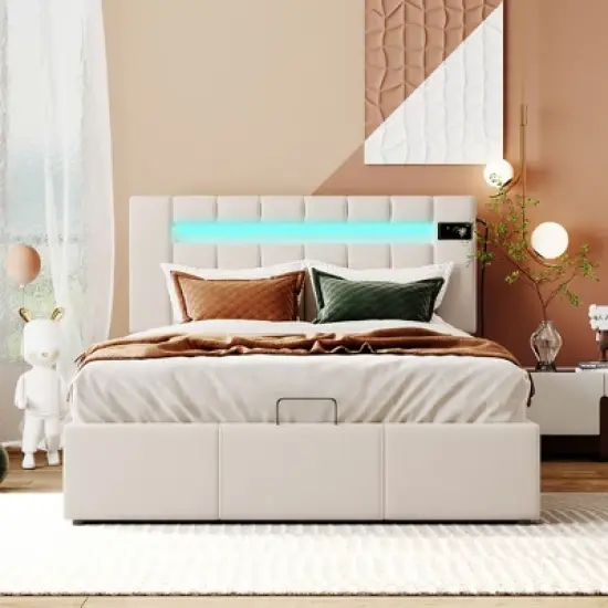 Upholstered Bed with LED light, Bluetooth Player and USB Charging, Hydraulic Storage Bed in Velvet Fabric-ModernLuxe image {1}