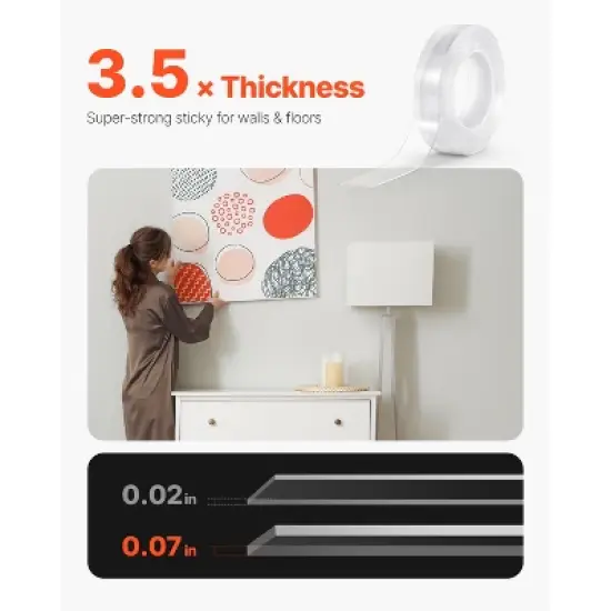 VEVOR Double Sided Tape Heavy Duty, 16 ft Long Nano Mounting Tape, Strong Adhesive & Reusable, Clear Two Sided Wall Tape, Transparent image {2}