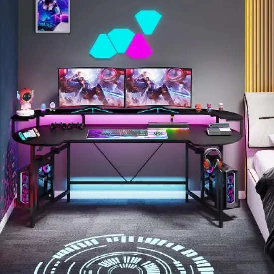 Tribesigns 75" Gaming Desk with LED Light, Large Computer Desk with Monitor Shelf image {2}