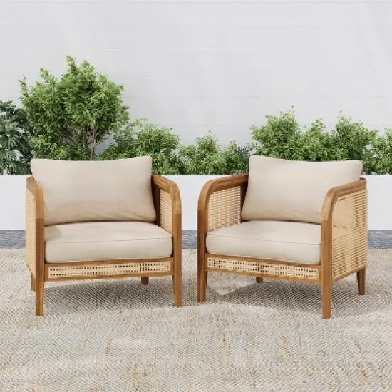 Christopher Knight Home Maciej Patio Rustic Acacia Wood Upholstered Club Chair with Rattan-Wrapped Frame, Teak/Beige image {8}