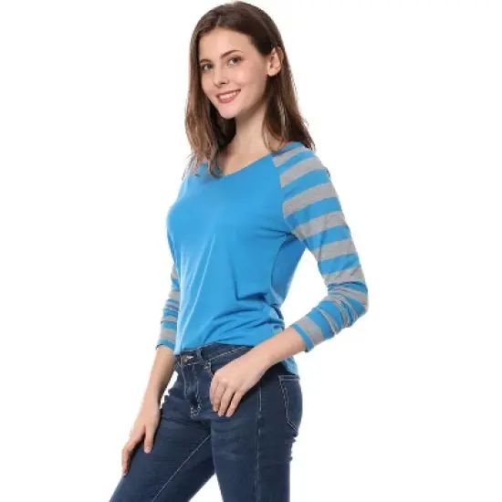 Allegra K Women's Striped V Neck Long Raglan Sleeve T-Shirts image {4}