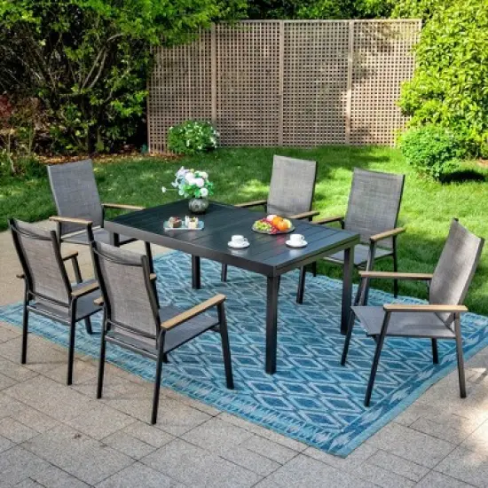 Captiva Designs 7pc Patio Slat-top Adjustable Rectangular Table & Gray Textilene Aluminum Chairs image {15}