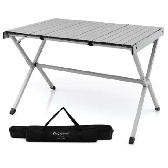 Costway 4-6 Person Portable Aluminum Camping Table Lightweight Roll Up Table Grey/Brown image {11}