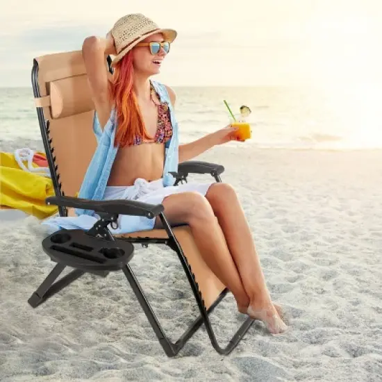 Tangkula Oversized Zero Gravity Lounge Chair Folding Recliner w/ Cup Holder & Pillow, Beige image {1}