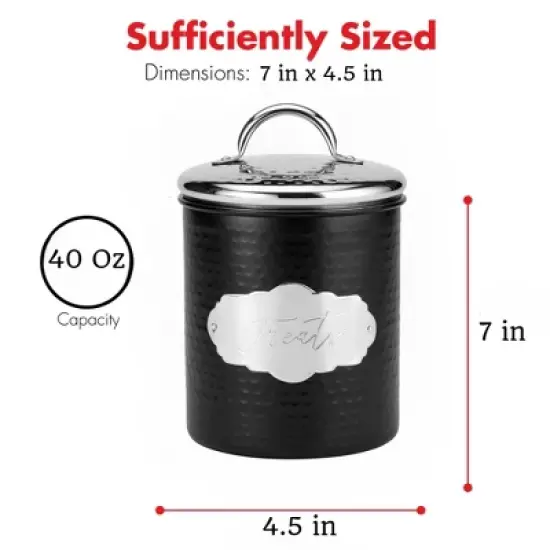 Amici Pet Cavalier Treats Canister, Black & Silver Hammered Metal Dog Treat Container with Handle Lid - 38 Oz. Airtight Pet Food Storage Jar image {1}