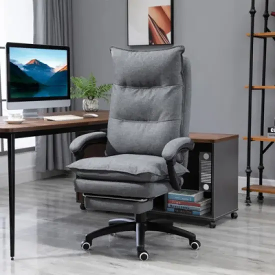Vinsetto 360&deg; Swivel Executive Home Office Chair Adjustable Height Linen Style Fabric Recliner with Retractable Footrest and Double Padding, Gray image {2}