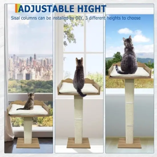 Cat Window Perch with Scratch Posts and 2 Platforms, 40" Adjustable Sisal Climbing Tree Hammmock with Suction Cups, 2 Install Ways, Cats Window Bed image {1}