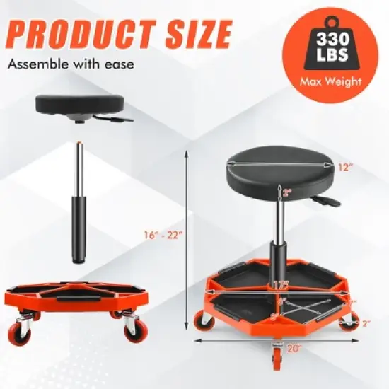 Costway Heavy-Duty Adjustable Height Rolling Stool withTool Tray Storage 330 LBS Capacity image {3}