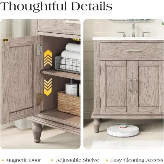 AMERLIFE 60" Bathroom Vanity, Double Sink, Solid Oak Cabinet with Adjustable Storage - Grey image {6}