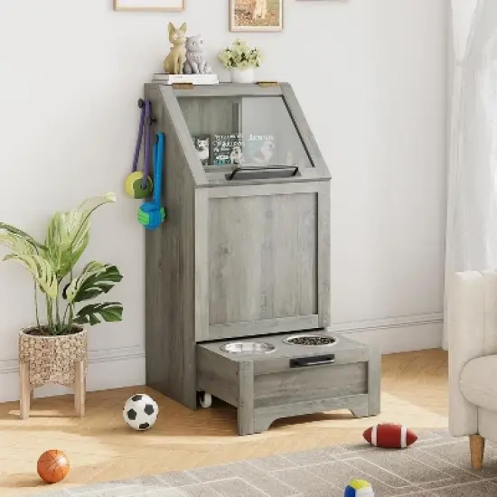 Pet Feeding Station with 2 Elevated Bowls, Pet Toy Storage Organizer Cabinet image {9}