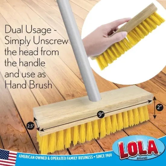 Lola Products Deck Scrub Brush Broom, 9" x 3.5" Wide, Durable Bristles Remove Dirt, Grime, Grout, Leaves, Snow on Patios, Decks, Wet or Dry, 9 Count image {4}