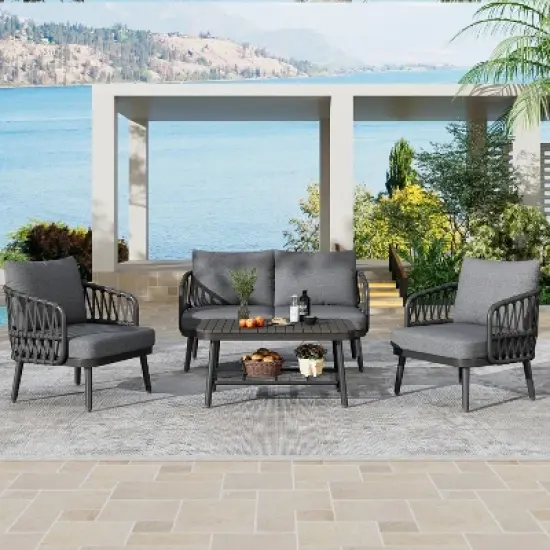 Dexmalle 4-Piece Outdoor Patio Furniture Set,Metal Chairs with Woven Rope U-Shaped Backrest with Thick Cushions and Coffee Table image {13}
