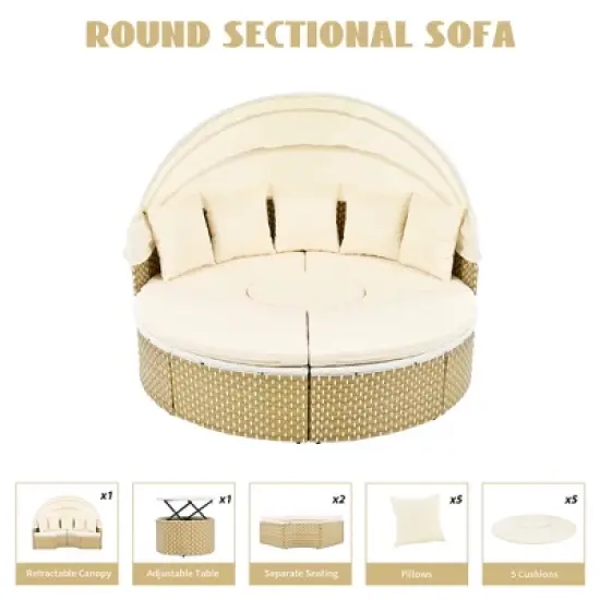TIRAMISUBEST Round Patio Sectional Rattan Daybed w/ Retractable Canopy,Two-Tone Weave,Separate Seating&Removable Cushion image {5}